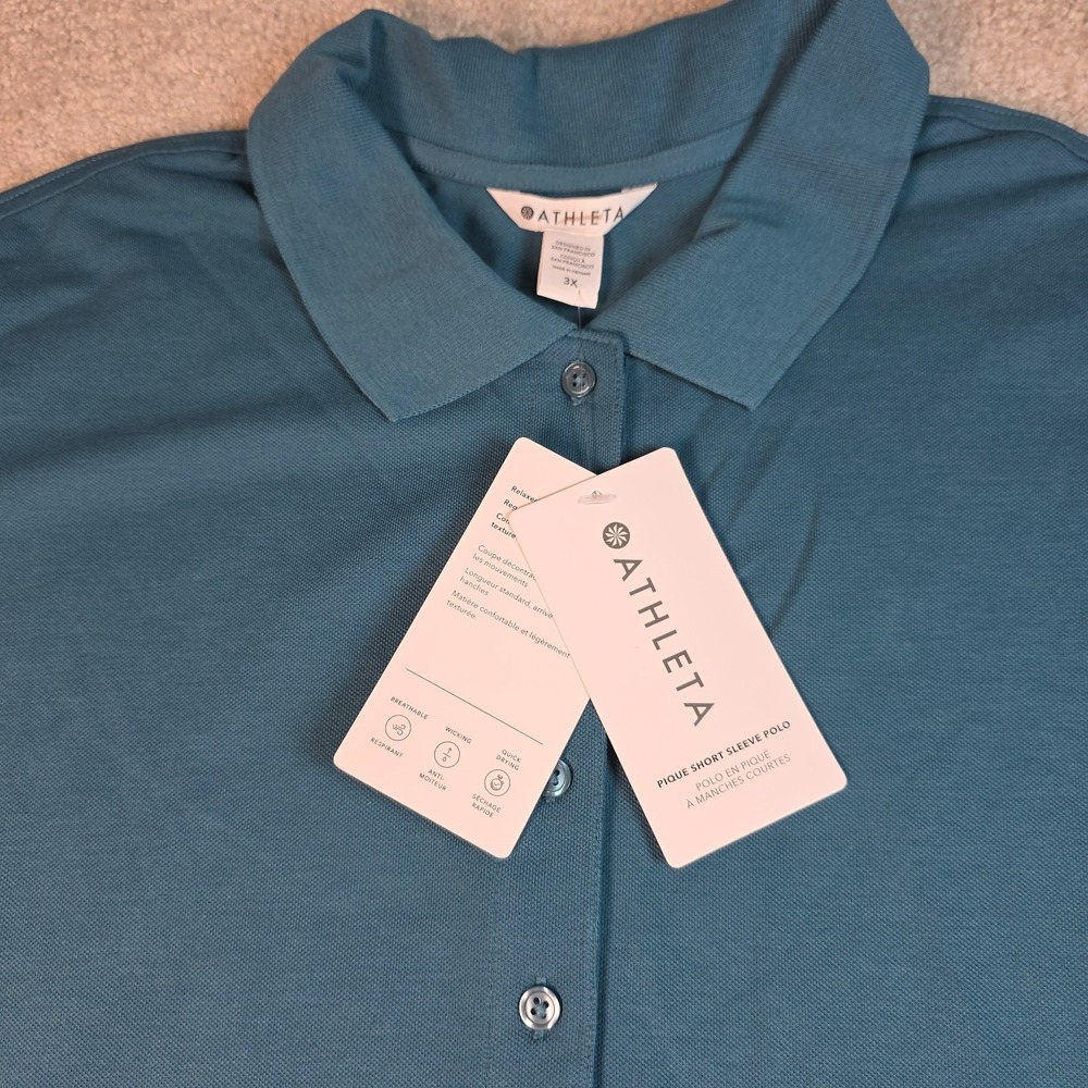Athleta Pique Short Sleeve Polo 3X Active Golf Tennis Wicking Relaxed Teal Blue